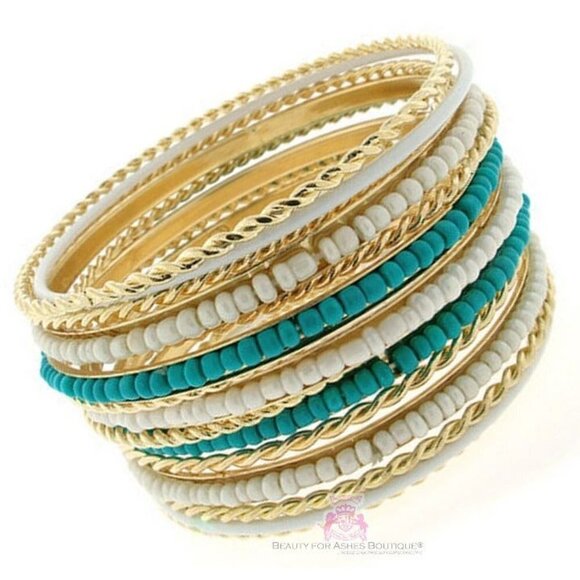 Cable Cabo Twisted Gold Tone Seed Bead Turquoise White Bangle Bracelet Set of 15 - Picture 1 of 2